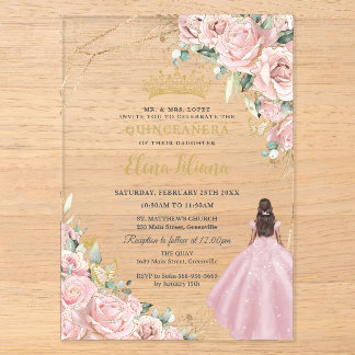 Errötendes Rosa Blumenprinzessin Gold Quinceanera  Acryleinladungen