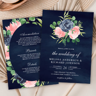 Errötendes Rosa Florales Alles-in-Einem Navy Blau  Einladung