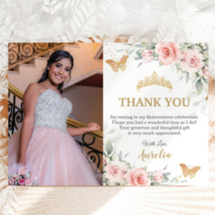 Errötendes Rosa Florales Goldene Krone Quinceañera Dankeskarte