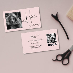 Errötendes Rosa Foto Schwarzes Skript Haar QR Code Visitenkarte