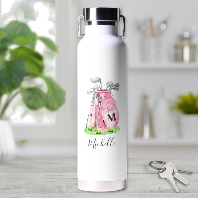 Errötendes Rosa Golf Monogramm Trinkflasche (Blush Pink Golf Monogram Water Bottle)