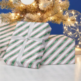 Errötendes Rosa Grün Glitter Streifen Weihnachten Geschenkpapier