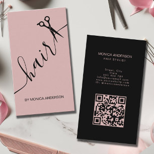 Errötendes Rosa Haar Script Stylist Schere QR-Code Visitenkarte