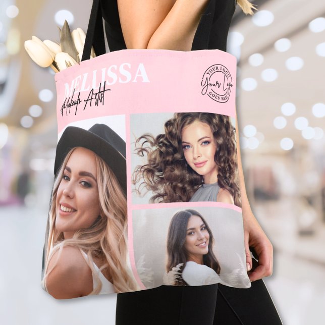 Errötendes Rosa Logo Foto Make-up Tasche (Blush Pink Script Logo Photo Makeup Tote Bag)