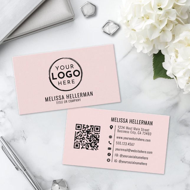 Errötendes Rosa Professionelles Logo QR-Code Visitenkarte (Blush Pink Professional Logo QR Code Business Card)