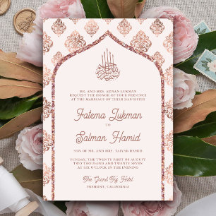 Errötendes Rosa Rosen Gold Damast Bogen Muslimisch Einladung