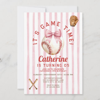 Errötendes Rosa-Schleifen-Mädchen-Baseball-Spielze Einladung