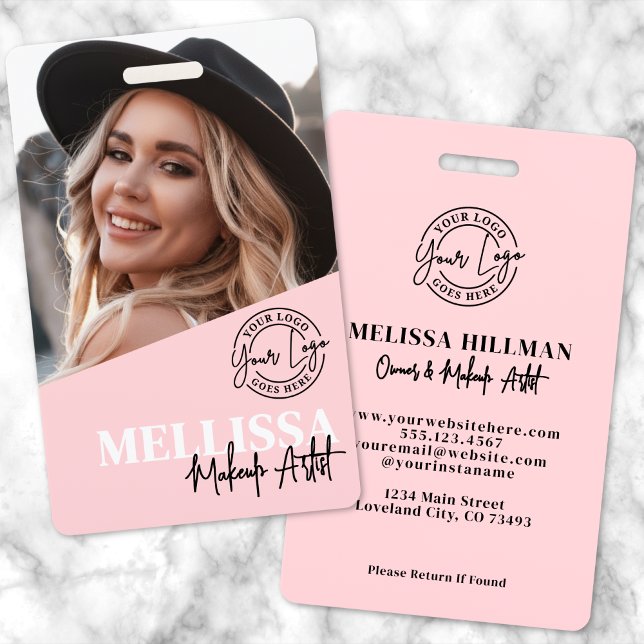 Errötendes Rosa Schrift Logo Foto Make-up Ausweis (Blush Pink Script Logo Photo Makeup Badge)