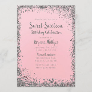 Errötendes Rosa & Silber Glitter Glam Sweet 16 Par Einladung