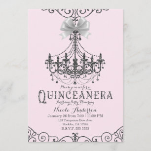 Errötendes Rosa Silber Weiß Schleife Quinceañera 1 Einladung