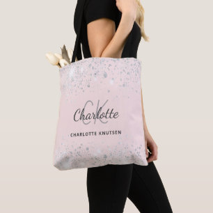 Errötendes rosa silberner Glitter Monogramm-Name Tasche