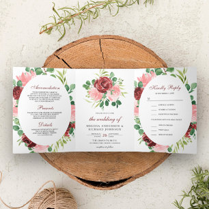Errötendes Rosa und Burgunderrotes Florales 3 in 1 Dreifach Gefaltete Einladung