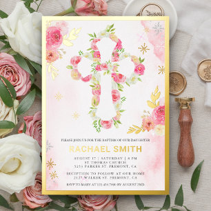Errötendes Rosa Wasserfarbe Florale Taufe Gold Folieneinladung