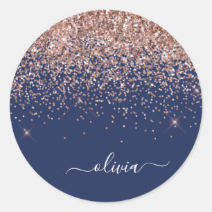 Errötung Rosa Roségold Marineblau Glitter Monogram Runder Aufkleber