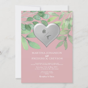 Errötungs-Grün-Monogramm-Herz-Hochzeitseinladung Einladung