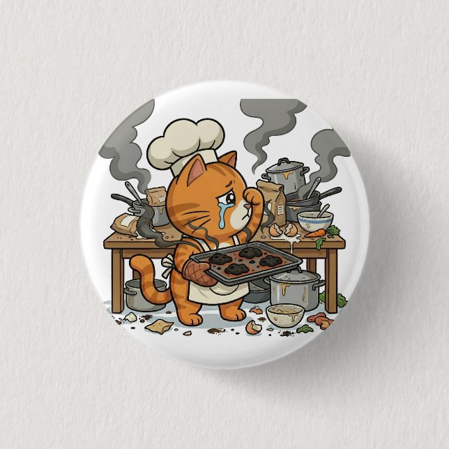 Erschöpfter Chef-Katze-Küchenkatastrophe-Button Button (Vorderseite)