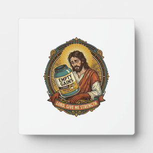 Erschöpfter Jesus Leere Proteinpulver-Dose Gym-Hum Fotoplatte