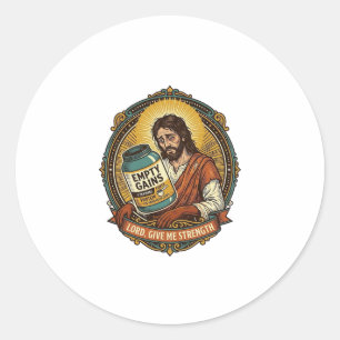 Erschöpfter Jesus Leere Proteinpulver-Dose Gym-Hum Runder Aufkleber