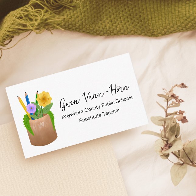 Ersetzung von Blume für Lehrkräfte Visitenkarte (Substitute School Teacher Pencils Flowers Business Card)
