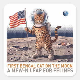Erste Bengalkatze auf dem Mond - Retro Weltraumkat Quadratischer Aufkleber