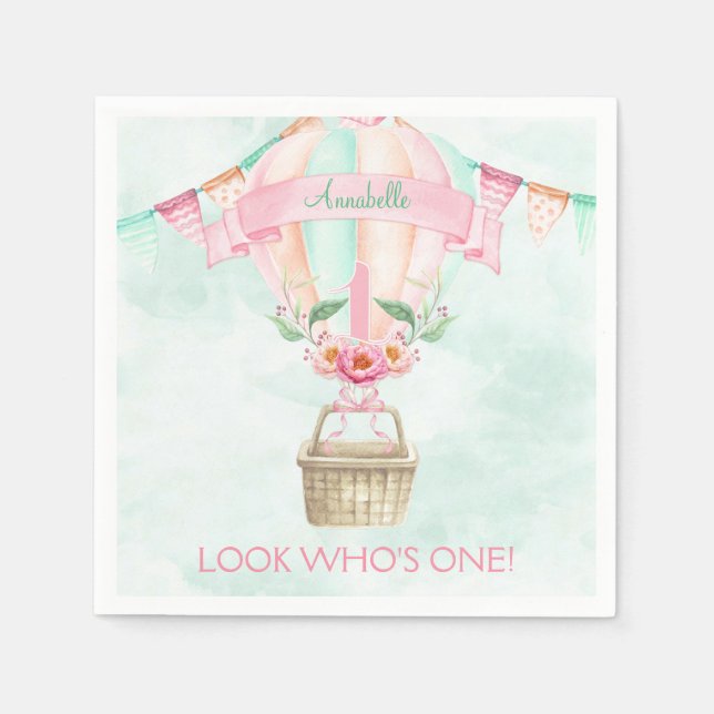 Erste Birthday Hot Air Ballon Minze Pink Peach Serviette (Vorderseite)