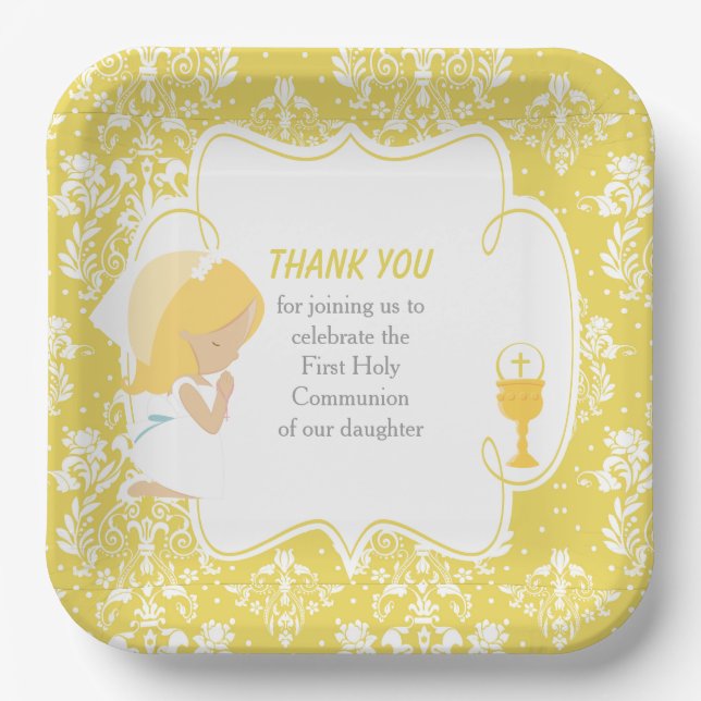 Erste Blonde Girl Gold Damask Pappteller (Vorderseite)