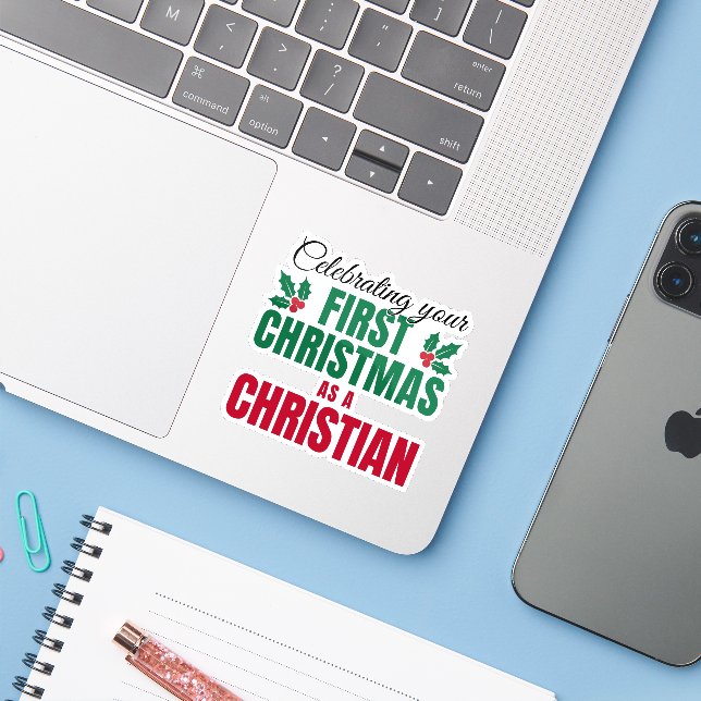ERSTE CHRISTMAS ALS CHRISTLICHER neuer Glaube Aufkleber (Laptop mit iPhone)
