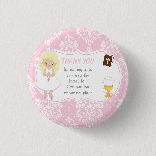 Erste Communion Blonde Hair Girl Danke Button (Vorderseite)
