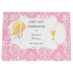 Erste Communion Blonde Hair Girl Danke Große Geschenktüte