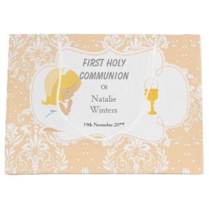 Erste Communion Blonde Hair Girl Danke Große Geschenktüte