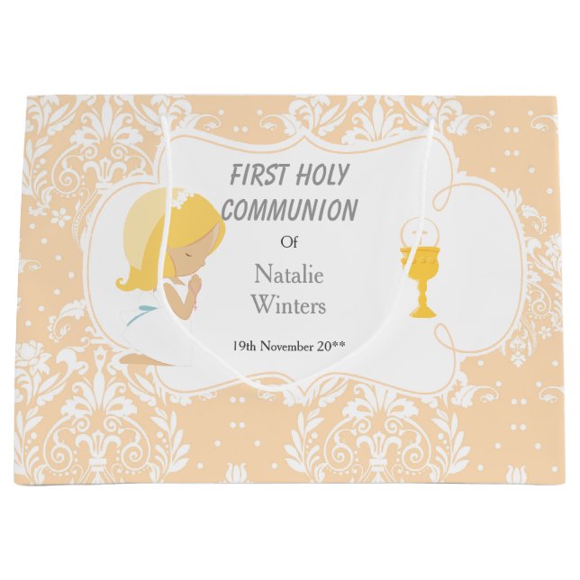 Erste Communion Blonde Hair Girl Danke Große Geschenktüte (Vorderseite)