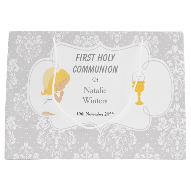 Erste Communion Blonde Hair Girl Danke Große Geschenktüte (Vorderseite)