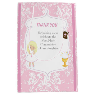 Erste Communion Blonde Hair Girl Danke Mittlere Geschenktüte