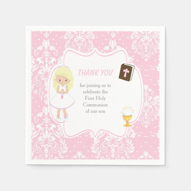 Erste Communion Blonde Hair Girl Danke Serviette (Vorderseite)