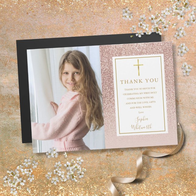 Erste CommunityRose Gold Glitzer Foto Vielen Dank Magnetkarte (First Communion Rose Gold Glitter Photo Thank You)