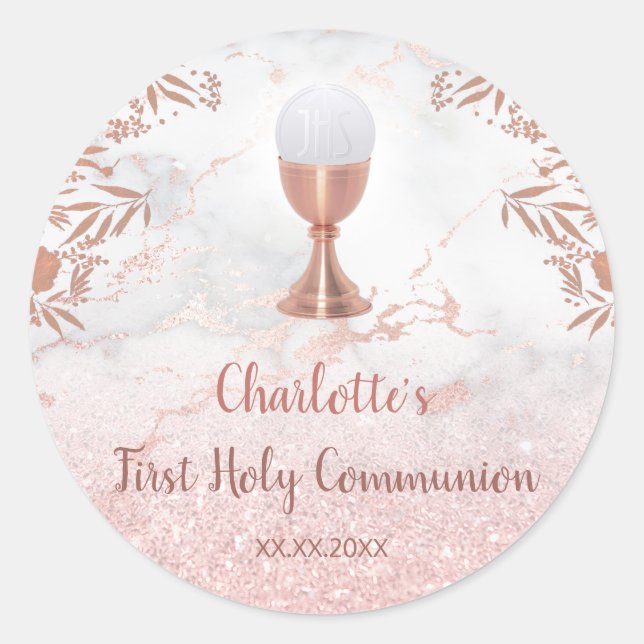Erste Dekoration aus rosa Kommunion Runder Aufkleber (Vorderseite)
