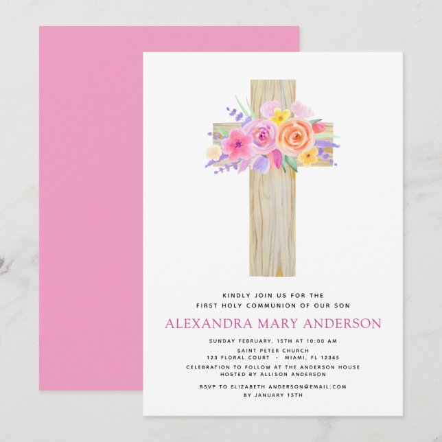 Erste Einladung zur Kommunion Pastel Floral Pink (Vorne/Hinten)