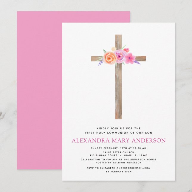 Erste Einladung zur Kommunion Pastel Floral Pink (Vorne/Hinten)