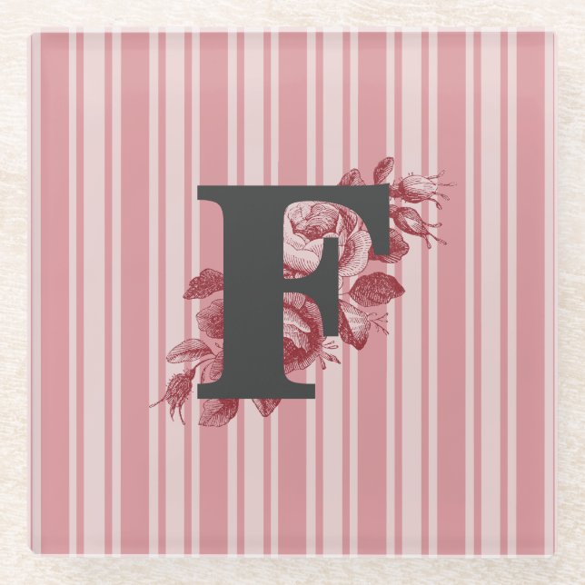Erste F Monogramm Cabbage-Rose und Streifen Glasuntersetzer (Vorderseite)