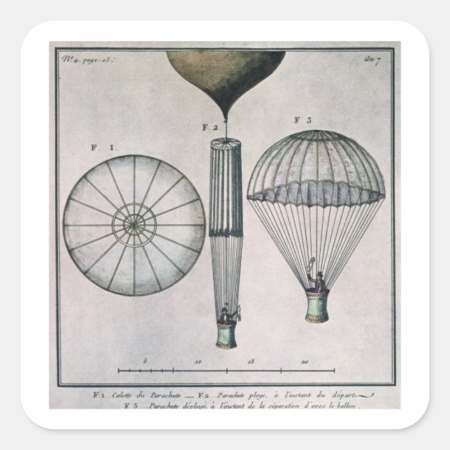 Erste Fallschirmabfahrt von Andre-Jacques Garne Quadratischer Aufkleber (Vorderseite)
