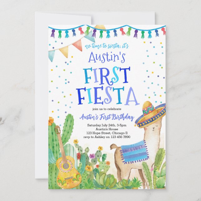 Erste Fiesta Blue Mexican Boy Einladung zum Geburt (Vorderseite)