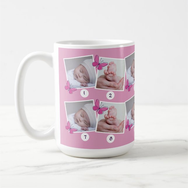 Erste Foto-Collage des Babyjahres Rosa Schmetterli Kaffeetasse (Links)