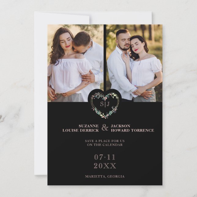 Erste Fotos mit floralrosa Herz 2 auf schwarz Save The Date (Vorderseite)