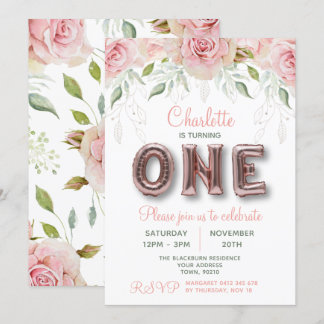Erste Geburtstags-Rose Gold Pink Ballon Einladung