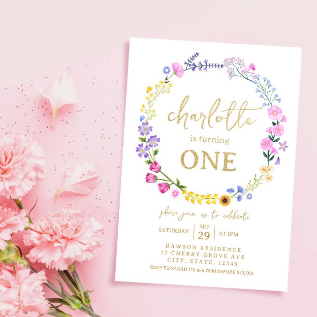Erste Geburtstags-Wildblume FrühjahrsjungMädchen Folieneinladung (Baby Girl First Birthday Wildflower Spring Foil Invitation)