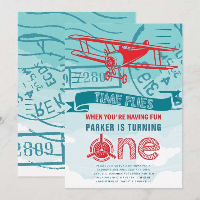 Erste Geburtstagspartei des Flugzeugs Einladung (Vorne/Hinten)
