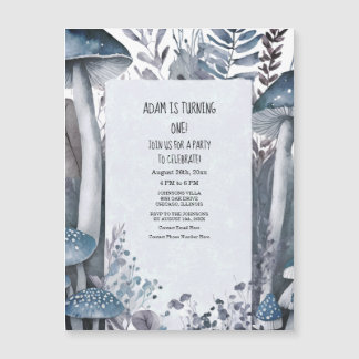 Erste Geburtstagsparty Blue Mushrooms Boho Woodlan Magneteinladung