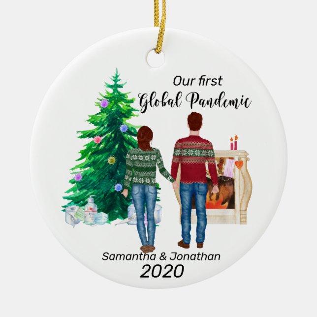 Erste globale Pandemie 2020 Paar Brown Hair Keramik Ornament (Vorne)