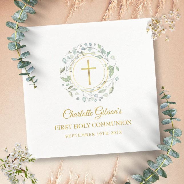 Erste Grüne des heiligen Kommunion Gold Cross Serviette (First Holy Communion Gold Cross Greenery Napkins)