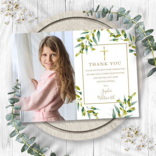 Erste Grünpflanze des Heiligen Fotos Dankeskarte (First Holy Communion Greenery Foliage Photo Thank You Card)
